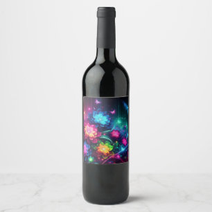 Heldere, kleurrijke neonbloemen/vlinders wijn etiket