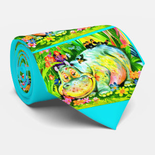 heldere kleurrijke nijlpaard en vogels print stropdas