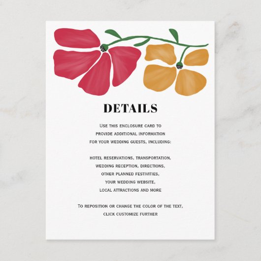 Heldere & kleurrijke Nouveau Floral bruiloft detai Informatiekaartje (Voorkant)