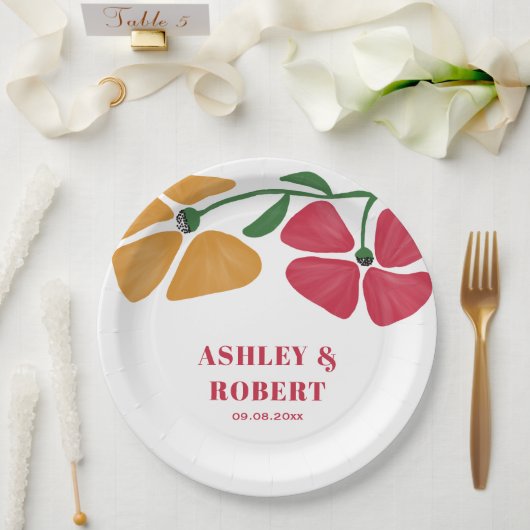 Heldere & kleurrijke Nouveau Floral bruiloft recep Papieren Bordje (Huwelijk)