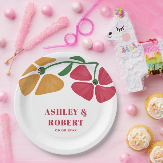 Heldere & kleurrijke Nouveau Floral bruiloft recep Papieren Bordje (Feest)