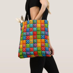 Heldere kleurrijke patchwork quilt stijl ontwerp tote bag