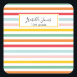 heldere kleurrijke regenboogstrips leuk college vierkante sticker<br><div class="desc">helder kleurig rainboogstrips patroonscript personaliseert met naam en klasse (of een ander bericht)</div>