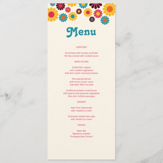 Heldere kleurrijke Retro Daisy bruiloft Menu (Voorkant)