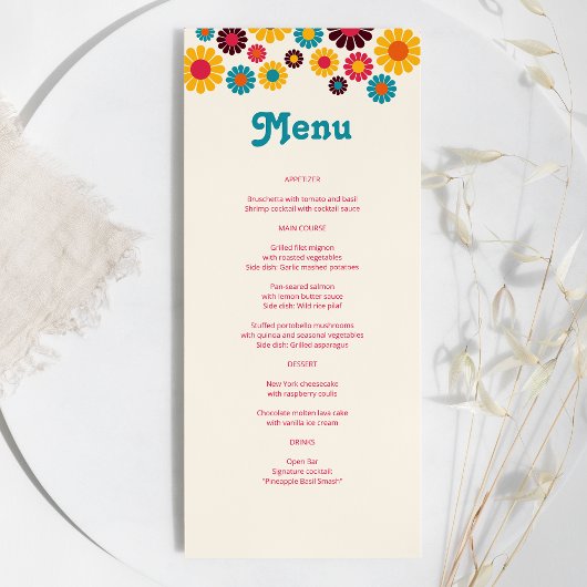 Heldere kleurrijke Retro Daisy bruiloft Menu