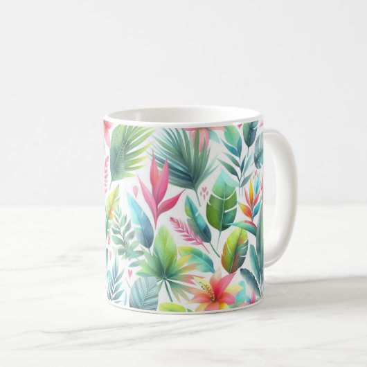 Heldere kleurrijke tropische bladeren met roze koffiemok (Voorkant rechts)