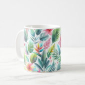 Heldere kleurrijke tropische bladeren met roze koffiemok (Voorkant links)