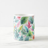 Heldere kleurrijke tropische bladeren met roze koffiemok (Center)