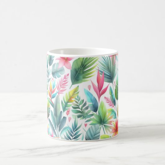 Heldere kleurrijke tropische bladeren met roze koffiemok (Center)