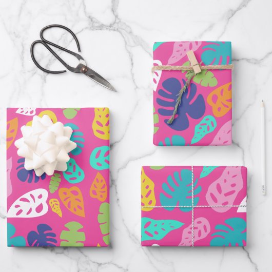 Heldere kleurrijke tropische zomerbladeren patroon inpakpapier vel (Voorkant)