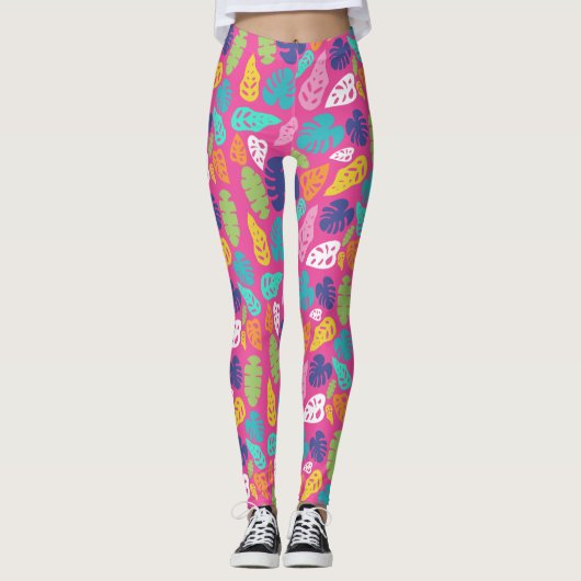 Heldere kleurrijke tropische zomerbladeren patroon leggings (Voorkant)