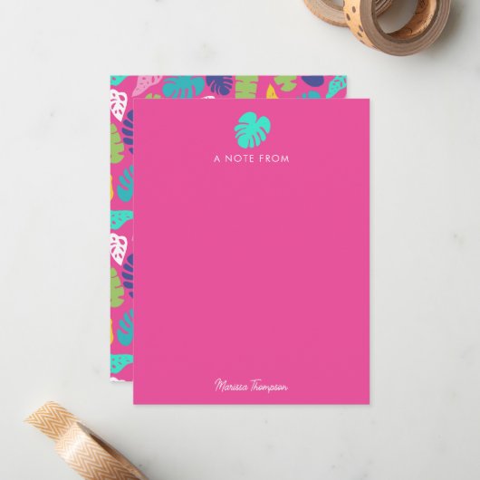 Heldere kleurrijke tropische zomerbladeren patroon notitiekaartje (Voorkant / Achterkant in situ)