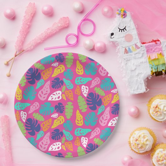 Heldere kleurrijke tropische zomerbladeren patroon papieren bordje (Feest)