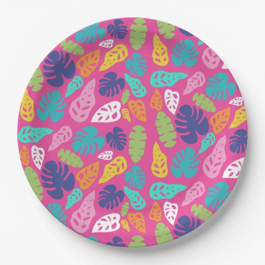 Heldere kleurrijke tropische zomerbladeren patroon papieren bordje (Voorkant)