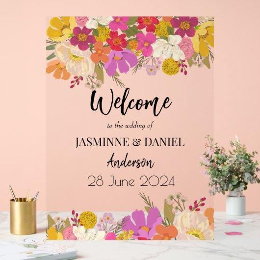 Heldere & kleurrijke tuin Bloemen bruiloft Welkom Acryl Bord (Huwelijk)