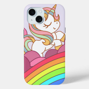 Heldere kleurrijke Unicorn en regenboogkunst iPhone 15 Case
