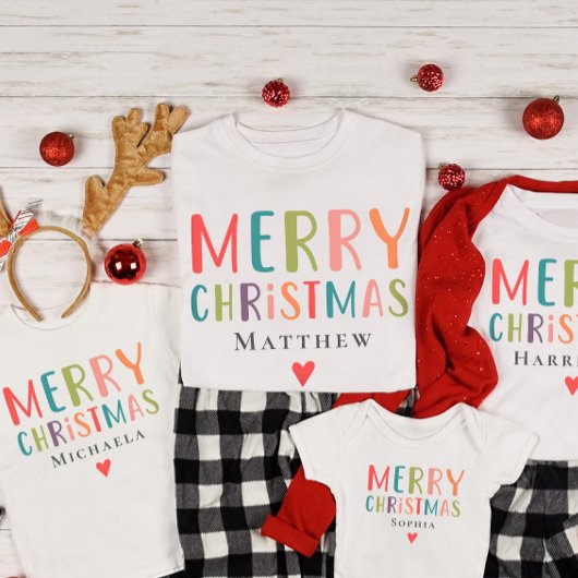 Heldere kleurrijke vrolijke kerst matching familie t-shirt