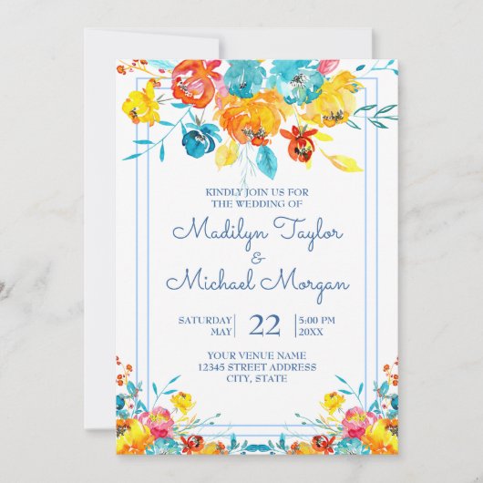 Heldere kleurrijke Waterverf bloemenbruiloft Kaart (Voorkant)