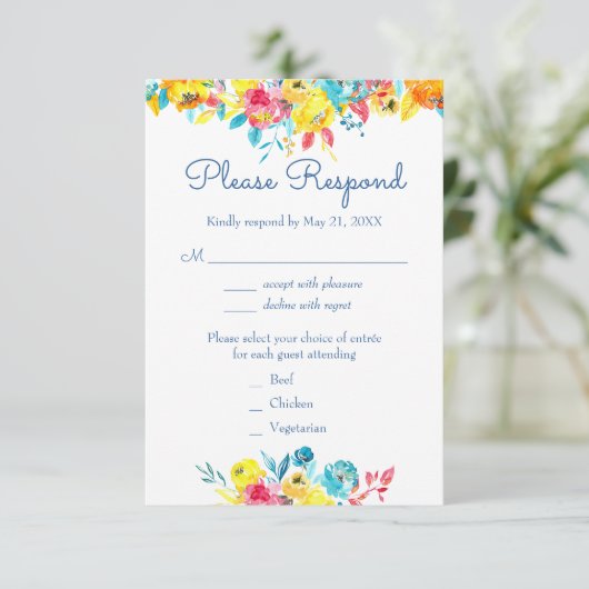 Heldere kleurrijke Waterverf bloemenbruiloft RSVP Kaartje (Staand voorkant)