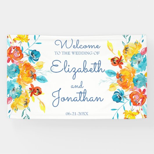 Heldere kleurrijke Waterverf bloemenbruiloft Spandoek (Horizontaal)