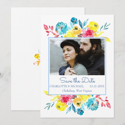 Heldere kleurrijke Waterverf Floral Save the Date (Voorkant / Achterkant)