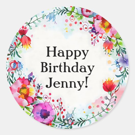 Heldere kleurrijke Waterverf Flower Birthday Ronde Sticker (Voorkant)
