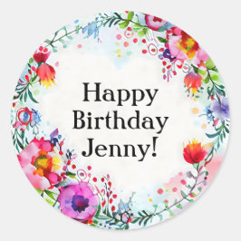 Heldere kleurrijke Waterverf Flower Birthday Ronde Sticker
