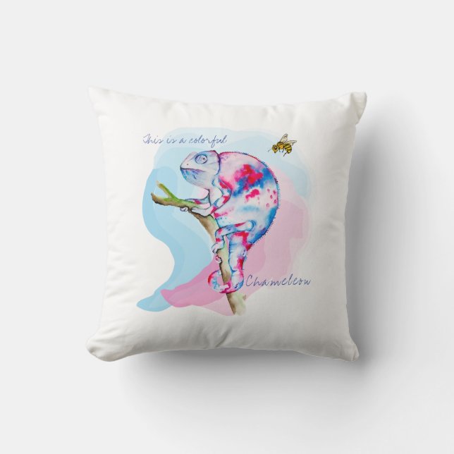 Heldere kleurrijke waterverf kameleon en bij. kussen (Voorkant)