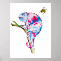 Heldere kleurrijke waterverf kameleon en bij.
