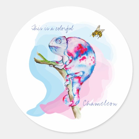 Heldere kleurrijke waterverf kameleon en bij. ronde sticker (Voorkant)