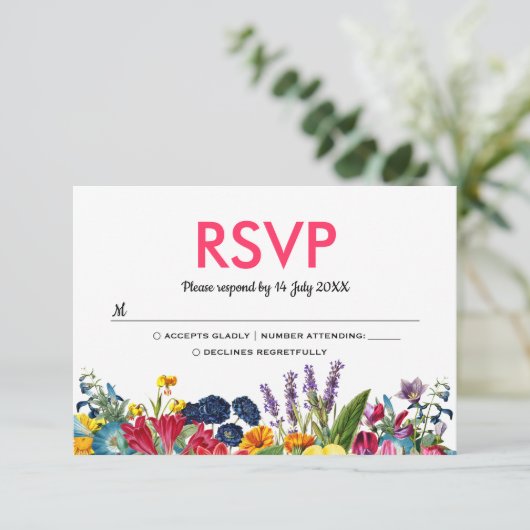 Heldere kleurrijke zomerbloemen bruiloft RSVP (Staand voorkant)