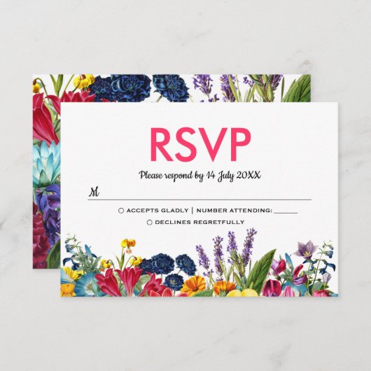 Heldere kleurrijke zomerbloemen bruiloft RSVP (Voorkant / Achterkant)