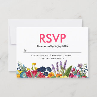 Heldere kleurrijke zomerbloemen bruiloft RSVP Kaartje