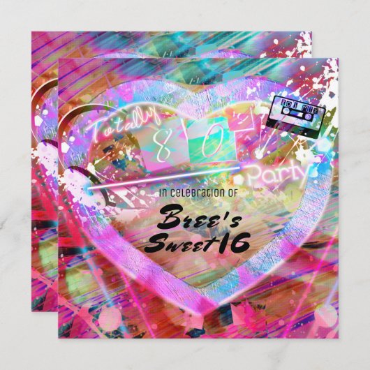 Heldere Leuke Hartfeest Uitnodiging van de 80's (Voorkant / Achterkant)