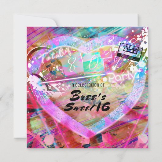 Heldere Leuke Hartfeest Uitnodiging van de 80's (Voorkant)