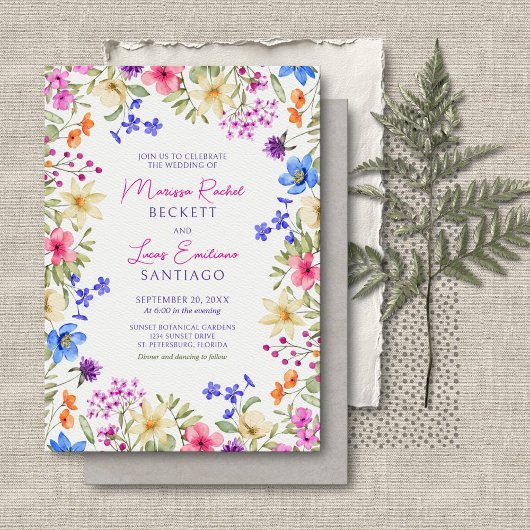 Heldere levendige kleuren Wildflowers Wedding Kaart