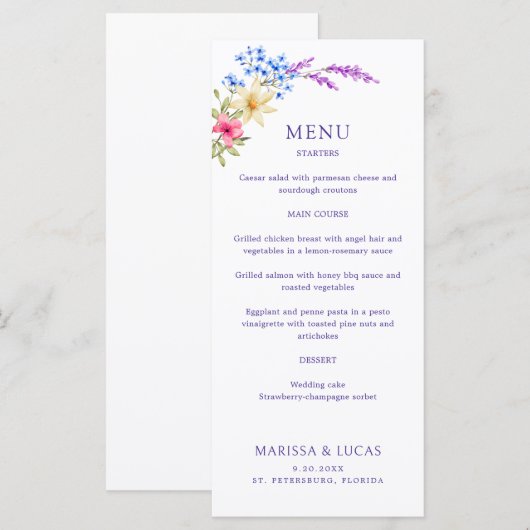 Heldere Levendige Kleuren Wildflowers Wedding Menu (Voorkant / Achterkant)