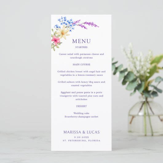 Heldere Levendige Kleuren Wildflowers Wedding Menu (Staand voorkant)