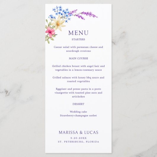 Heldere Levendige Kleuren Wildflowers Wedding Menu (Voorkant)