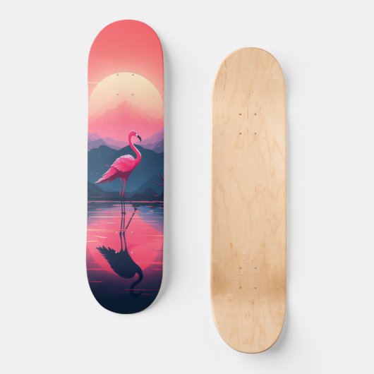 Heldere levendige moderne zonsondergang flamingo persoonlijk skateboard (Voorkant)