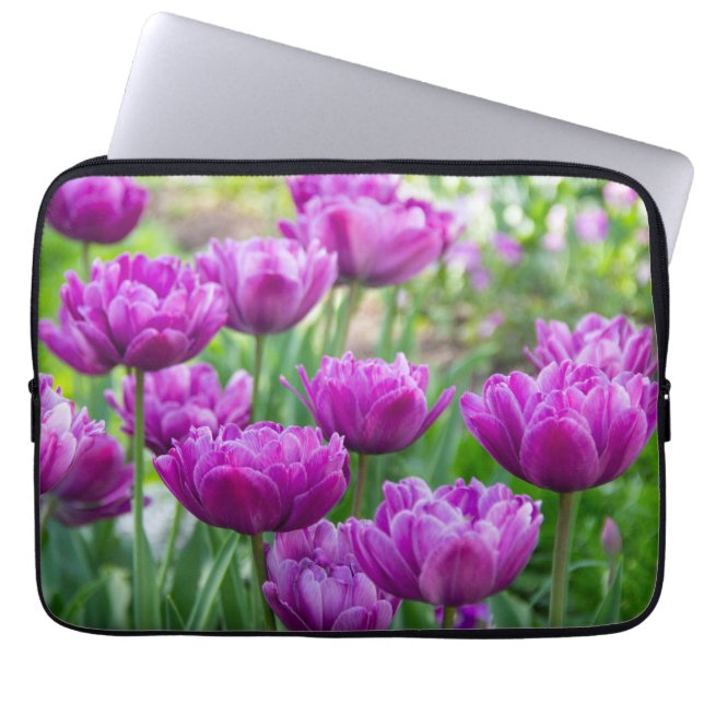 Heldere lila tulpen op een zonnige dag laptop sleeve (Voorkant)