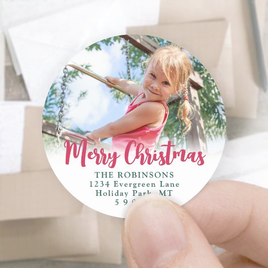 Heldere moderne script foto retour adreslabels ronde sticker