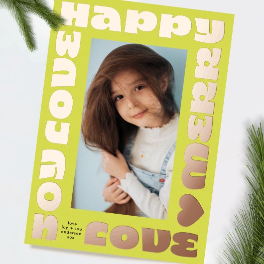 Heldere moderne wensen | Kerstmis een foto geel Folie Feestdagenkaart