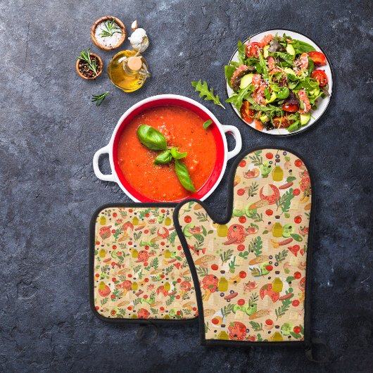 Heldere, mooie salade ingrediënten beige ovenwant & pannenlap set