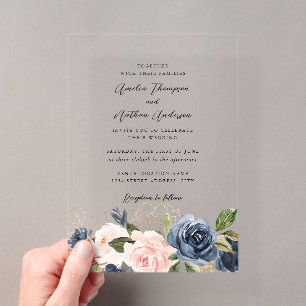 Heldere Navy Blush Bloemachtige Bruiloft Acryl Uitnodigingen