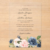 Heldere Navy Blush Bloemachtige Bruiloft Acryl Uitnodigingen (Voorkant)
