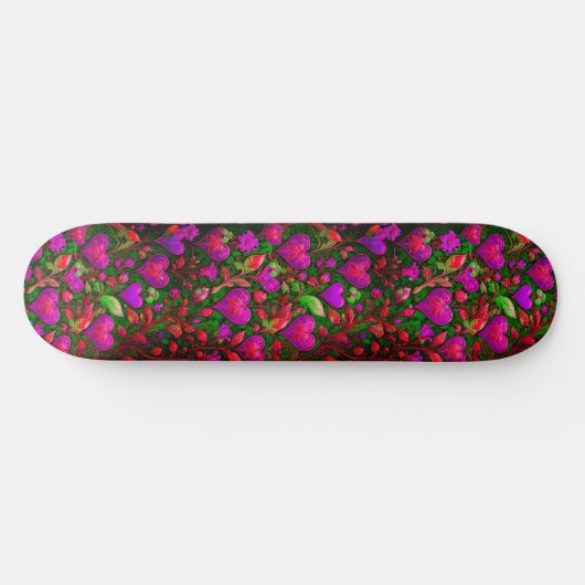 Heldere Neon Roze Harten en Groene Bloemen Persoonlijk Skateboard (Horizontaal)