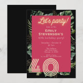 Heldere Neon Roze Tropische Botanische 40e Verjaar Kaart (Voorkant / Achterkant)