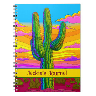 Heldere Neon Saguaro Cactus Sunset Desert Scene Notitieboek