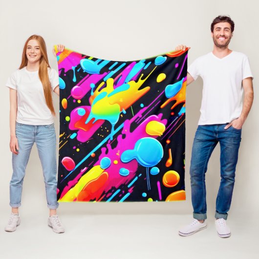 Heldere Neon Splashes in Abstracte kunst Fleece Deken (In situ)